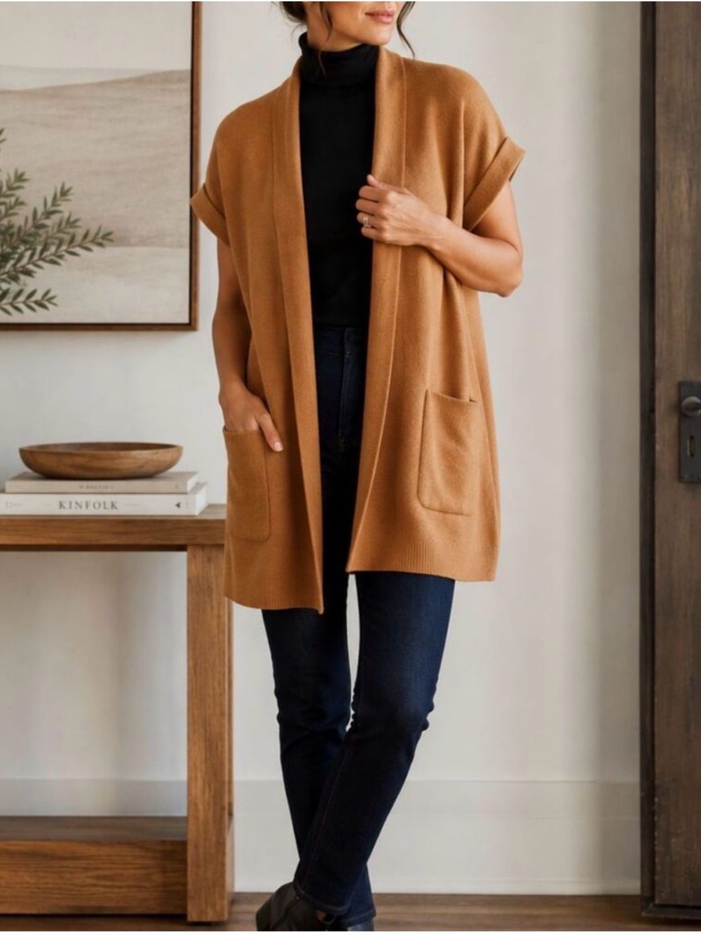 J. Jill Camel Open-Front Short-Sleeve Cardigan Vest